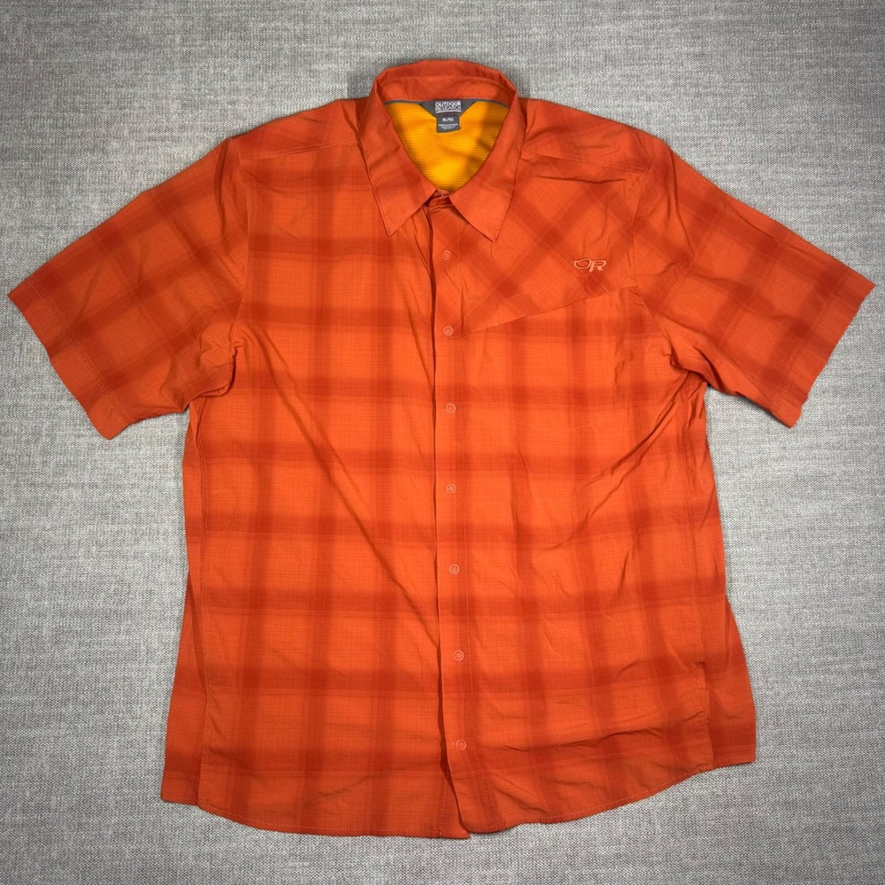 Outdoor Research Astroman Short Sleeve Sun Shirt Orange Plaid Mens XL UPF50 Hike